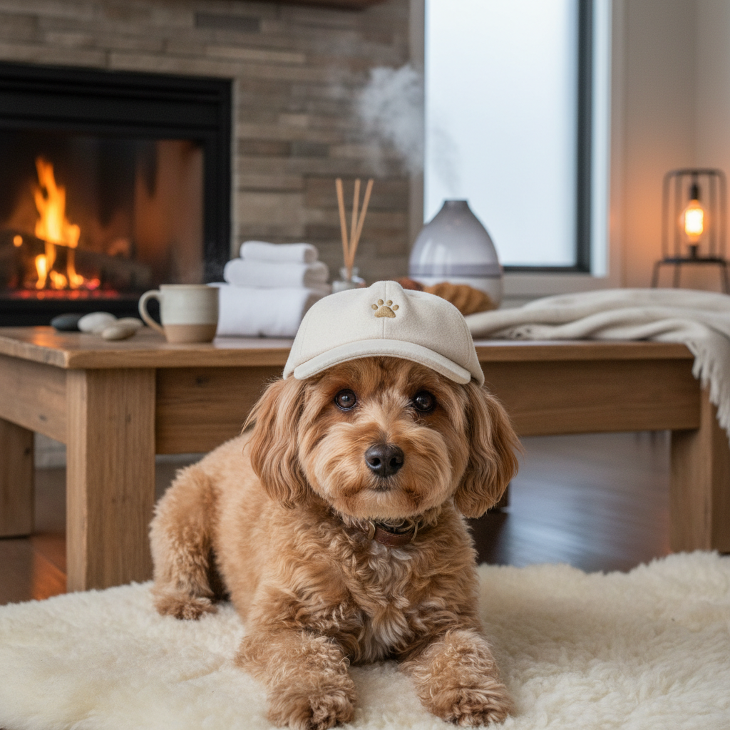 Small dog wearing a stylish baseball cap in a cozy luxury home setting