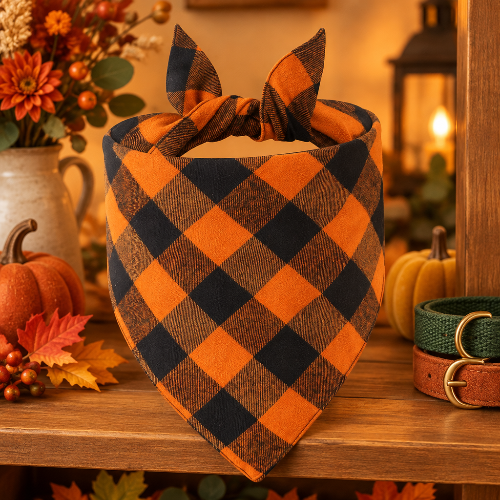 Tanpopo cotton plaid Thanksgiving pet bandana on a warm wood pet-accessory shelf with rust, mustard, and forest-green fall accents