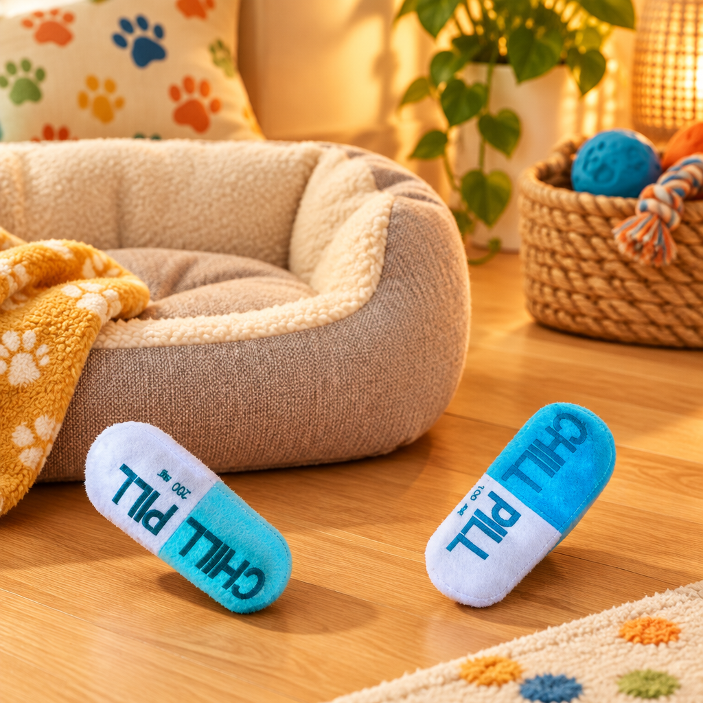 Pet sound plush capsule toy on a warm wood floor beside a cozy pet bed with soft amber light and colorful pet-friendly accents