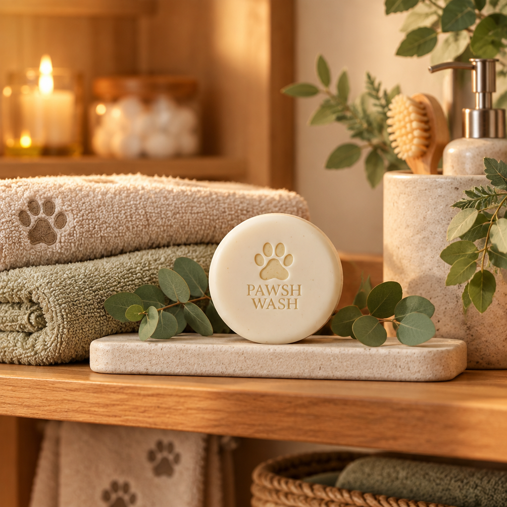 Pet anti-mite cleaning soap on a cozy pet-bathroom shelf with warm wood, soft amber light, folded pet towels, and sage greenery