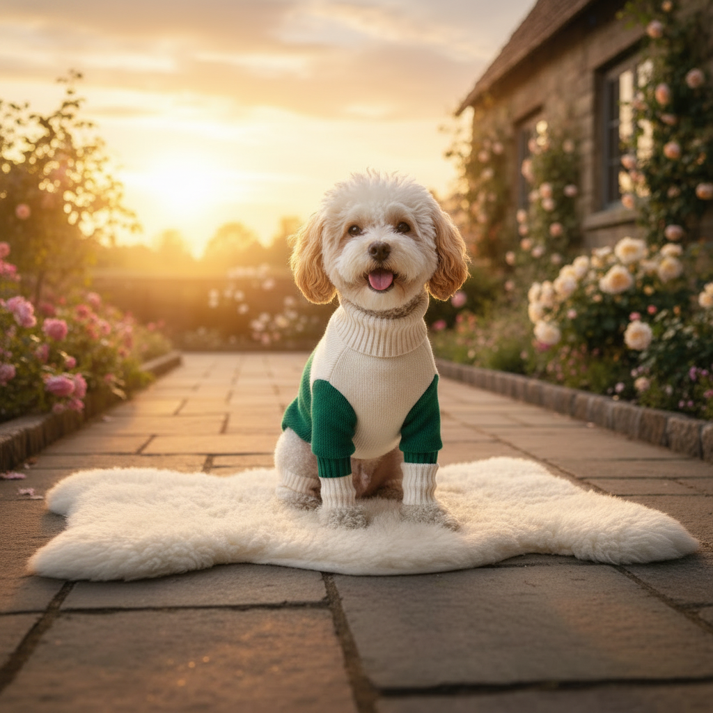 Medium sized dog wearing a two-tone forest green and cream knit sweater sitting outdoors at sunset with warm golden and pink sky