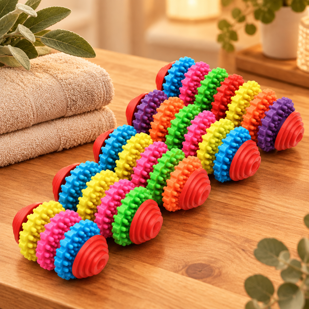 Durable rubber pet dental chew toy on a warm wood pet-care counter with soft amber light, folded towel, and sage greenery