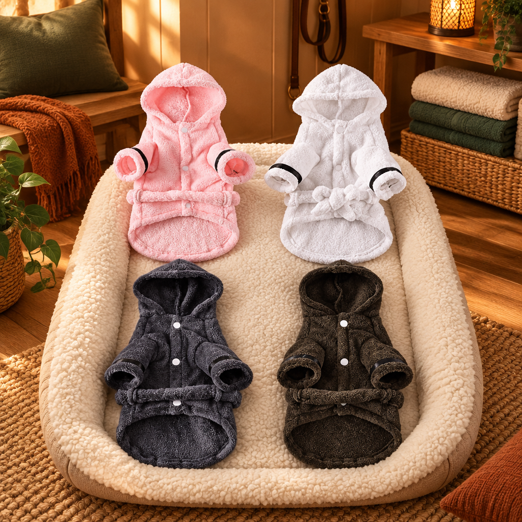 Soft pet bathrobe and drying towel pajamas arranged on a plush pet bed in a warm cozy mudroom