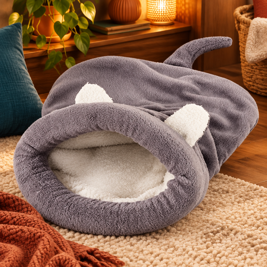 Coral fleece cat sleeping bag in a snug warm pet corner with walnut wood, amber light, and a plush blanket