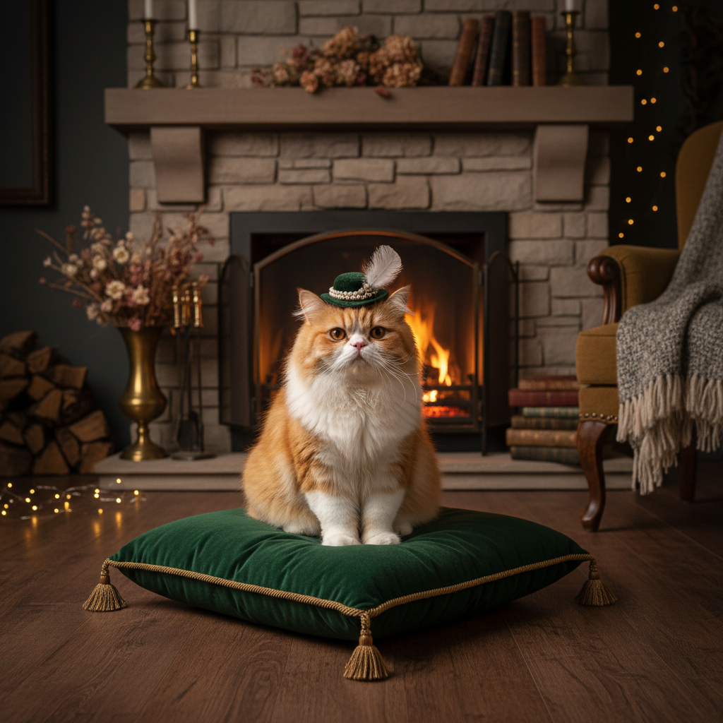 Fluffy cat wearing a cute hat sitting on a velvet cushion by a warm fireplace in a luxury home setting