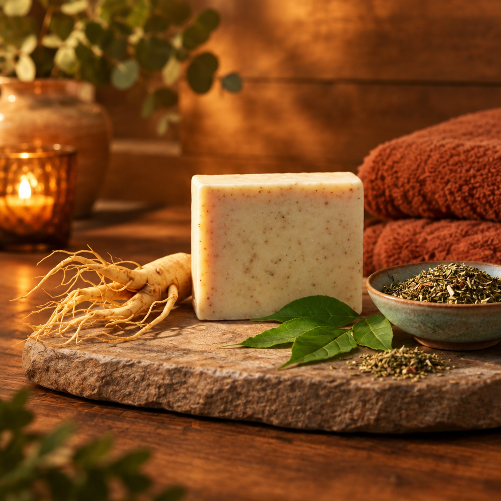 Ginseng anti-cellulite body soap in a warm walnut spa setting with amber light and folded towels