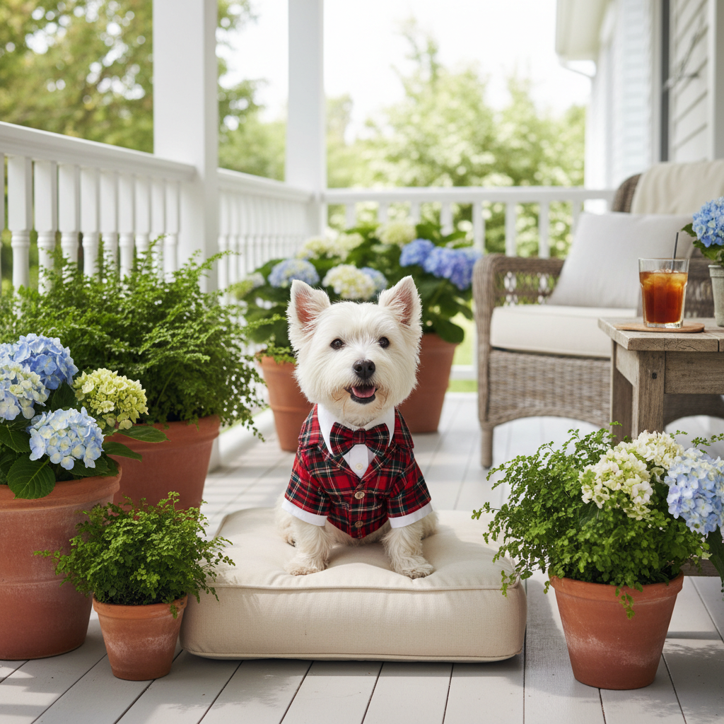 Cute small dog wearing a plaid shirt suit sitting on a bright airy porch with potted plants