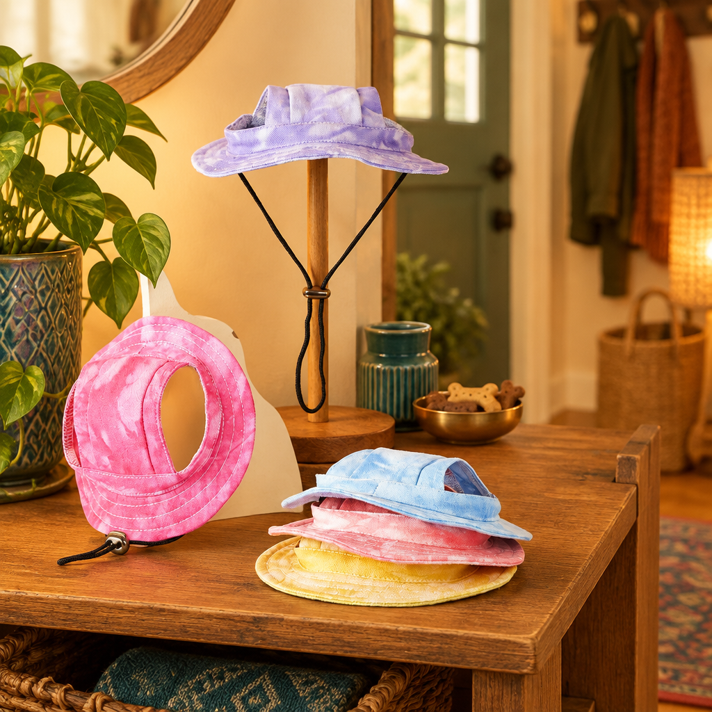 Tie-dyed cotton pet hat displayed on a warm wood pet-accessory shelf with soft amber light and cozy home entryway accents