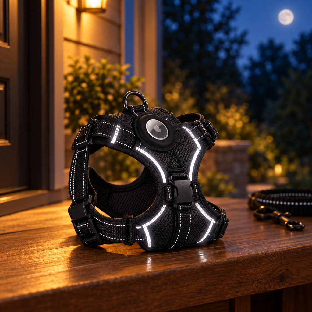 Reflective escape-proof cat harness on a warm dark wood entryway bench with amber porch light and subtle moonlit blue background