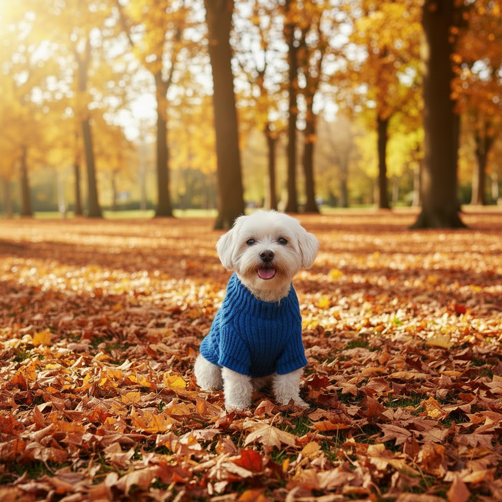 Small white fluffy dog wearing a bright cobalt blue knit sweater sitting in an autumn park surrounded by orange and red fallen leaves