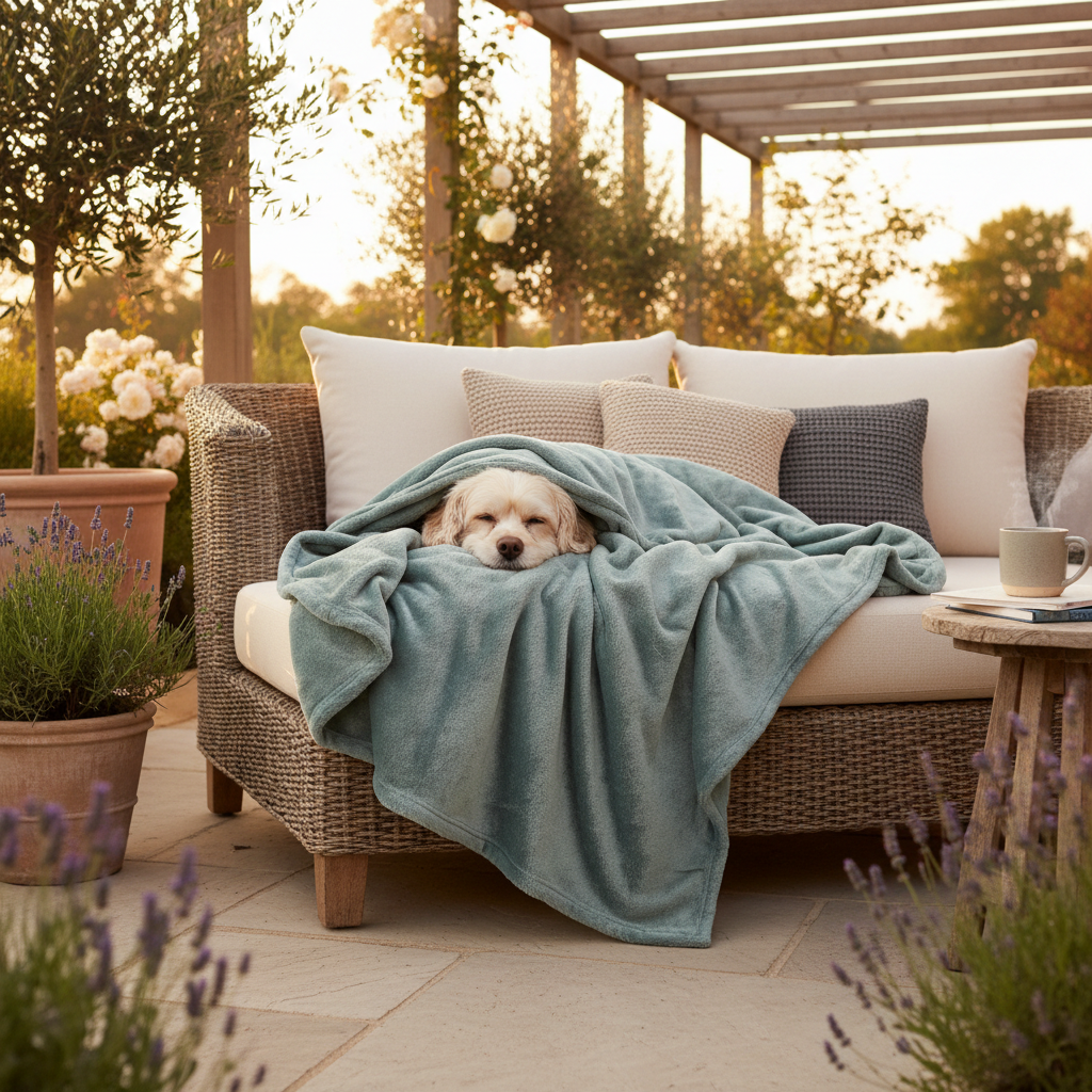 Cute small dog snuggled under a soft waterproof blanket on a cozy outdoor patio chair in warm golden hour lighting