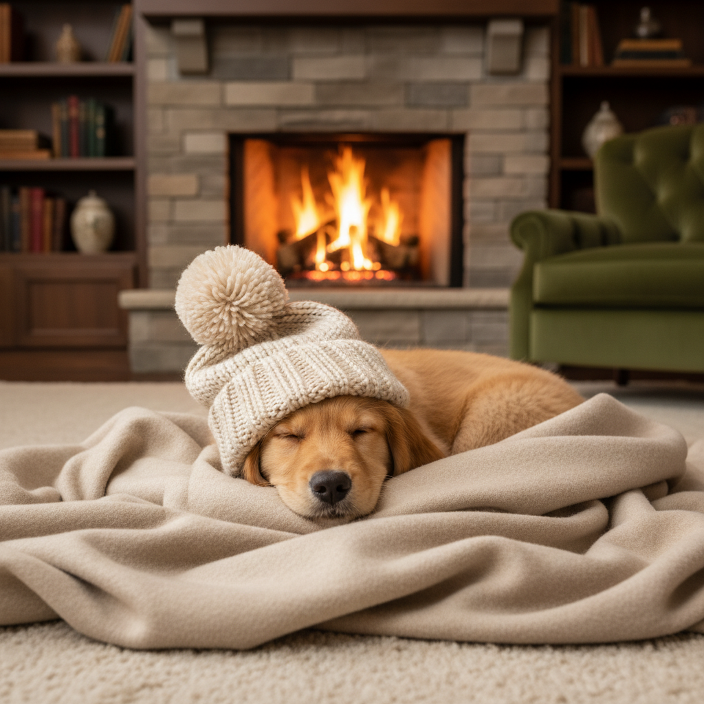 Small dog wearing a knit winter beanie curled up on a cashmere blanket by a warm fireplace