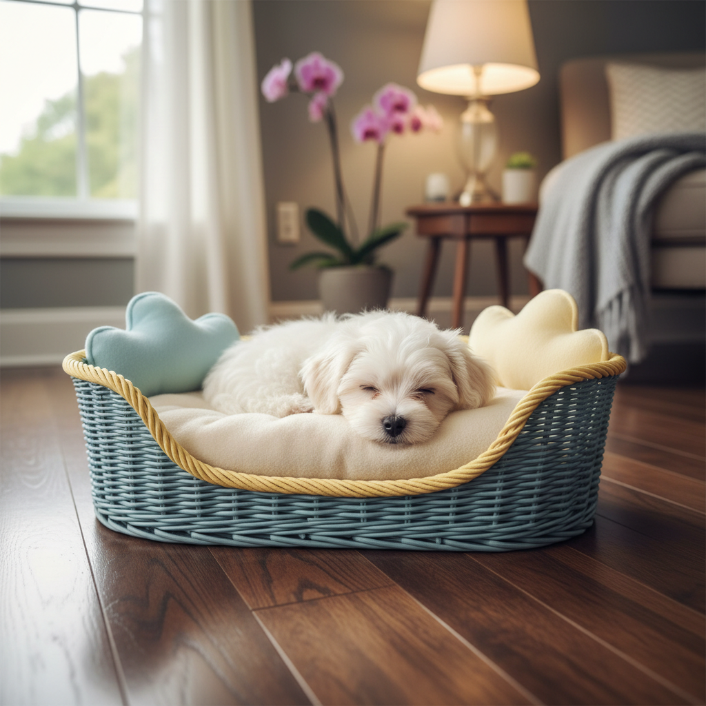 Cute small dog resting inside an oval woven basket pet bed with low sides, cushioned interior and small decorative pillows in a cozy home setting