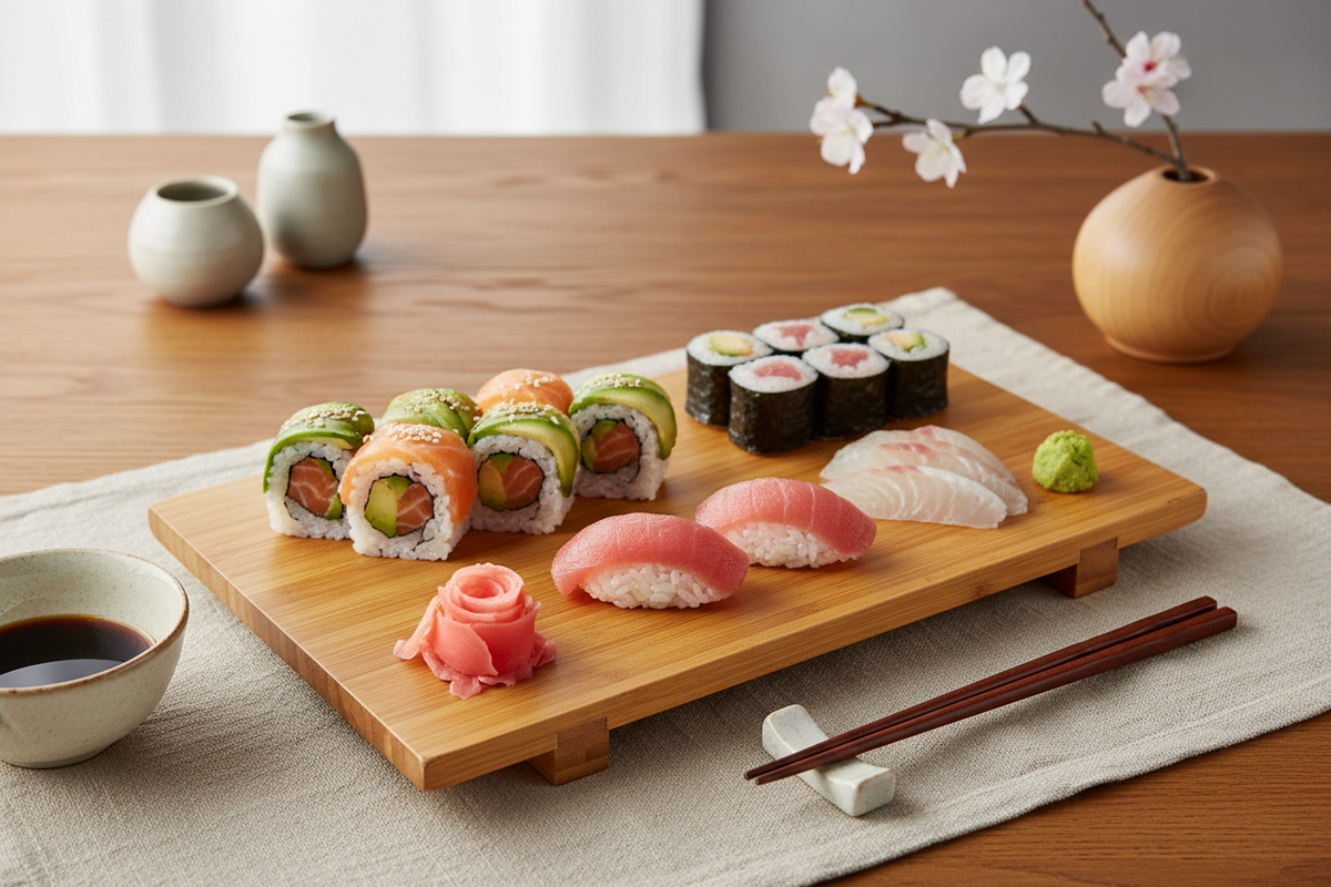 Rectangular bamboo sushi plate with sushi arranged on a Japanese dining table