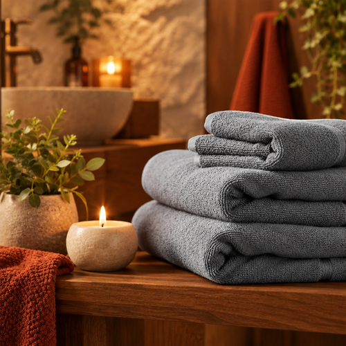 Three-piece gray cotton towel set in a warm walnut spa bath setting with textured stone and amber light