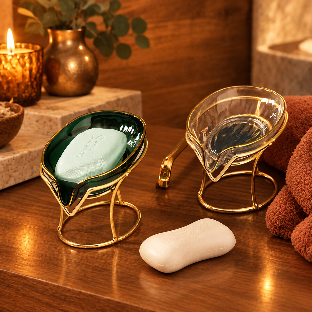 Light luxury bronzing soap box on warm honey wood with bronze accents and a plush towel