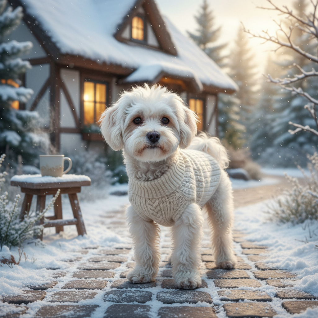 Cute small dog wearing a lightweight thin knit winter sweater standing outdoors in a light dusting of snow