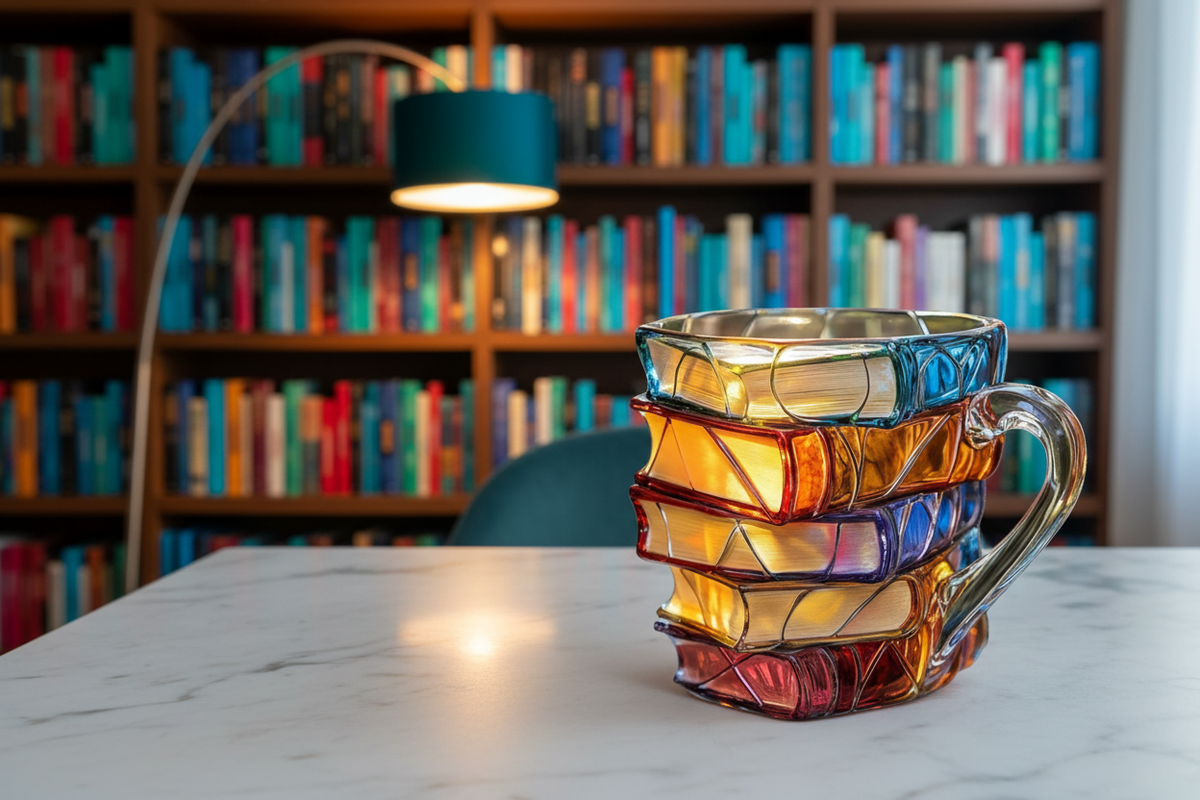Colorful stained glass stacked books mug in a jewel-toned reading nook