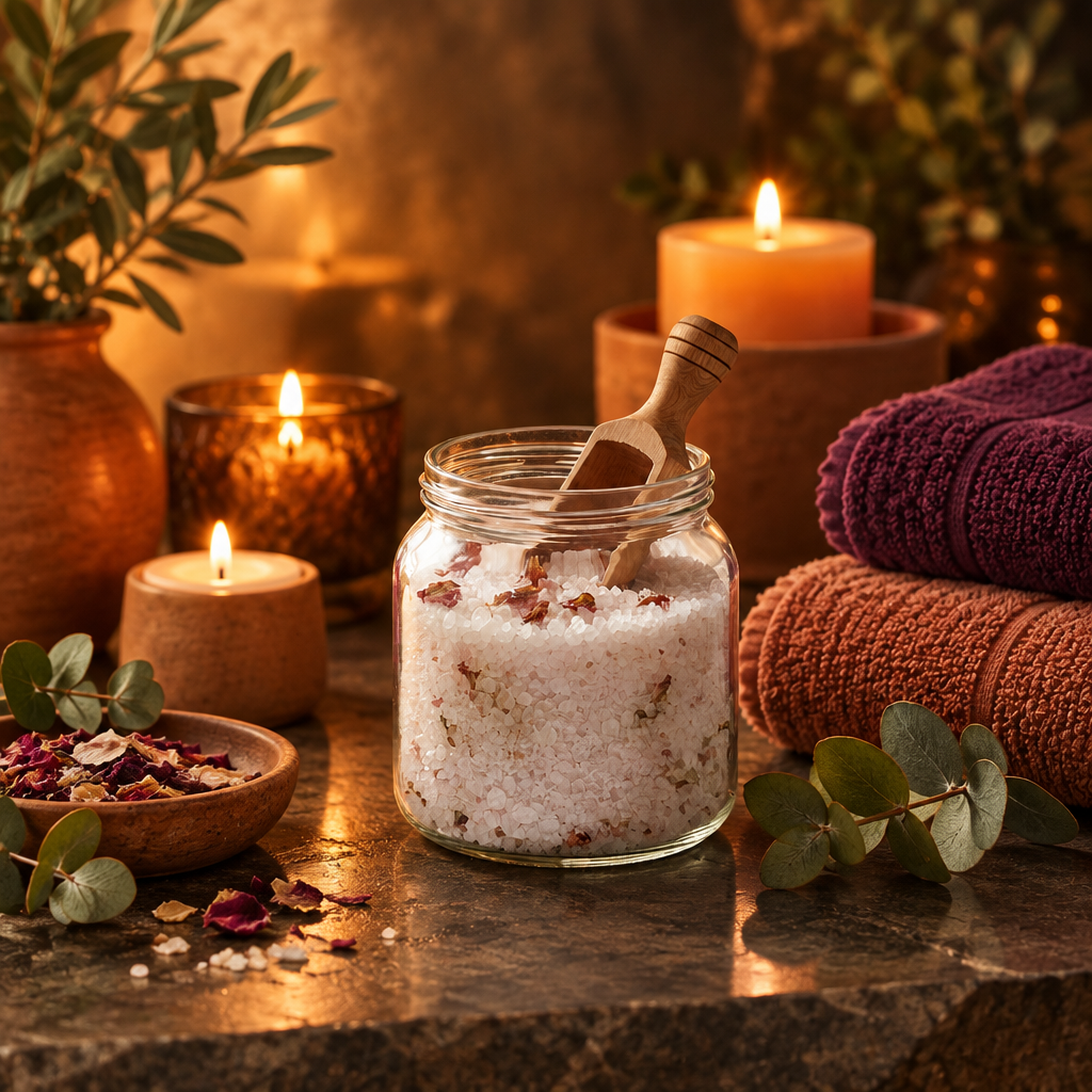 EELHOE exfoliating bath salts in a warm luxurious spa setting with amber light and textured towels