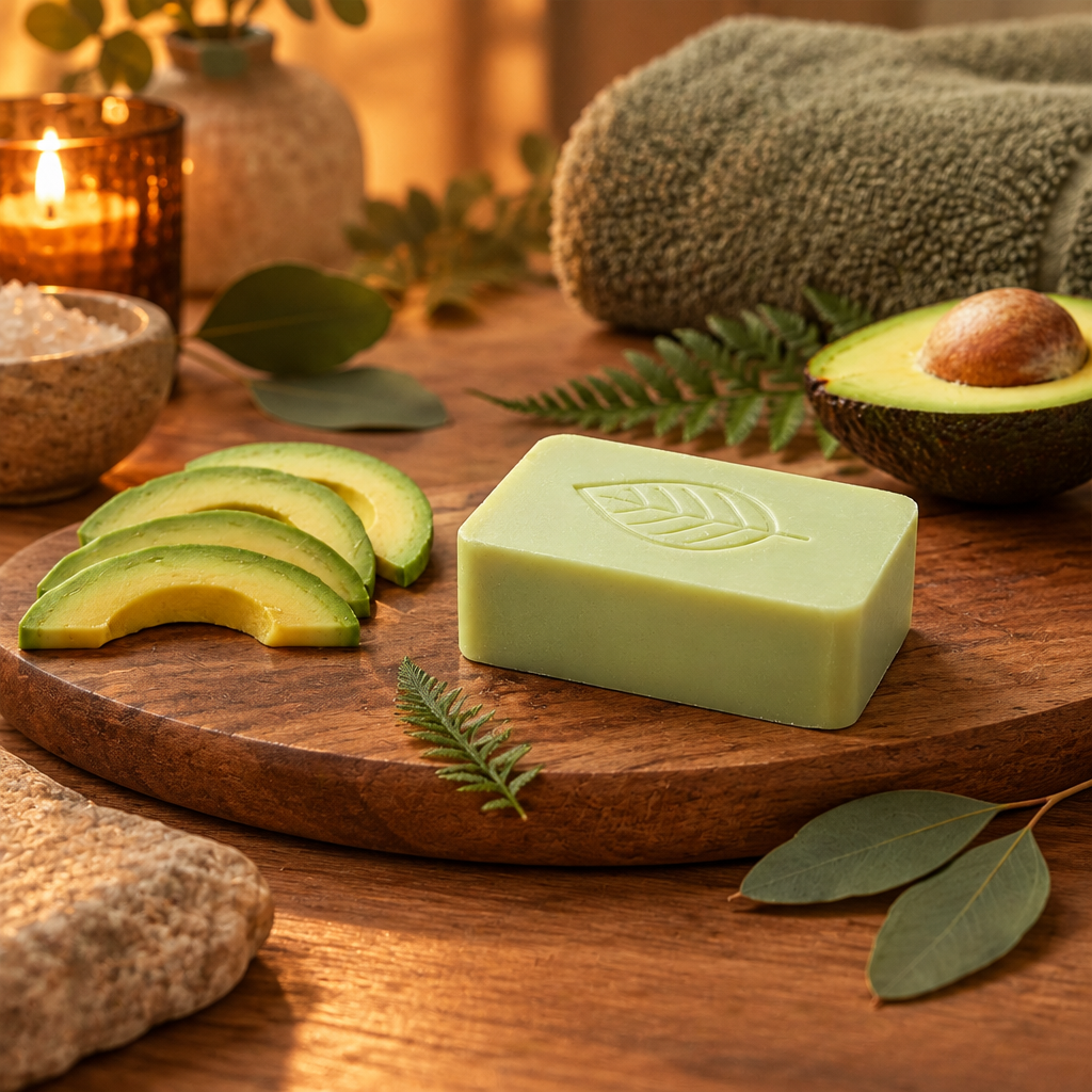 Hoygi avocado bath soap in a warm sage-green spa setting with amber light and a plush towel