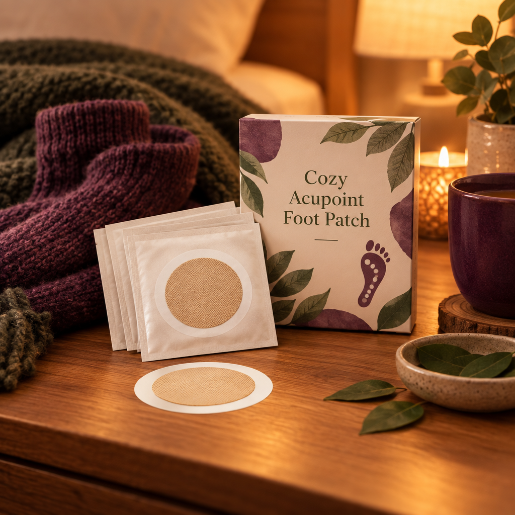 Cozy Acupoint Foot Patch packets on warm wood with amber bedside light, a folded blanket, and deep plum accents