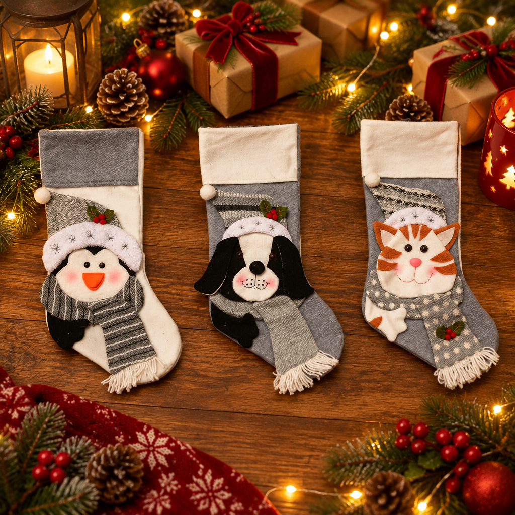 Christmas pet pendants, socks, gift bags, and holiday decorations arranged on a warm wood table with amber lights