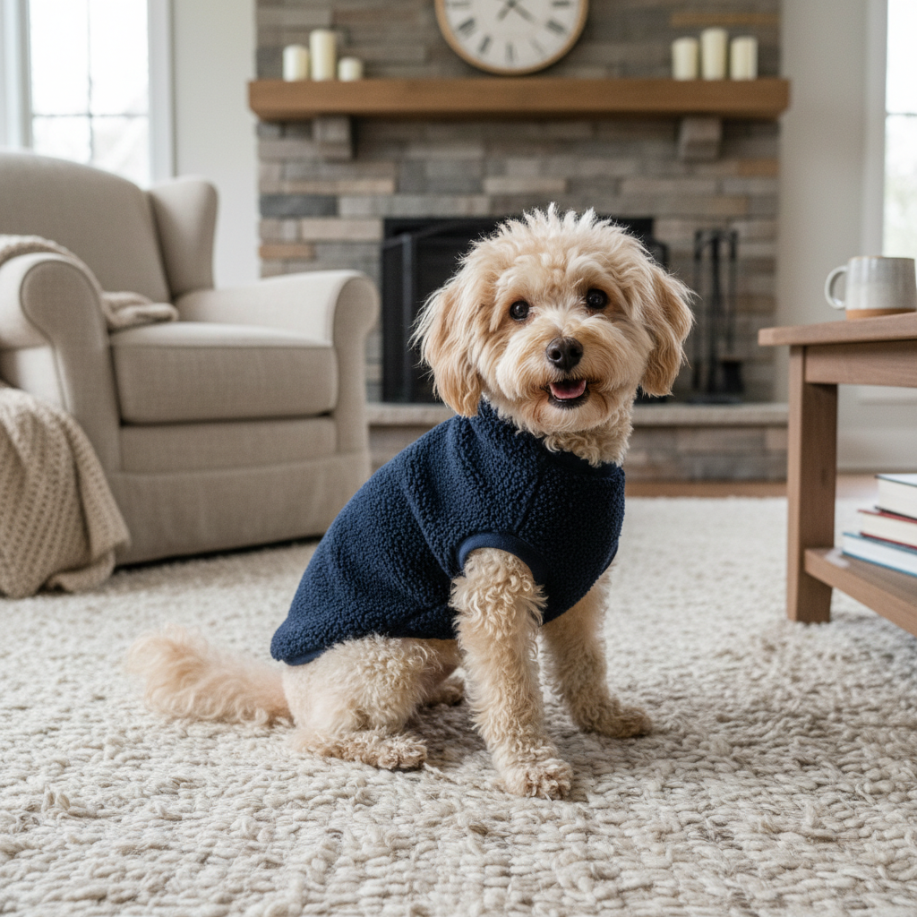 Cute small fluffy poodle dog wearing a cozy navy blue sherpa fleece pullover sitting on a plush rug in a warm cozy living room