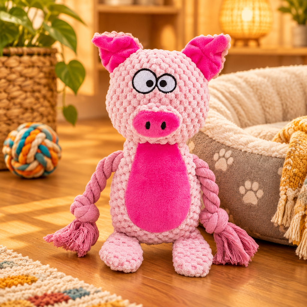 Plush sound cotton rope toy on a warm wood floor beside a cozy pet bed with colorful pet-friendly accents