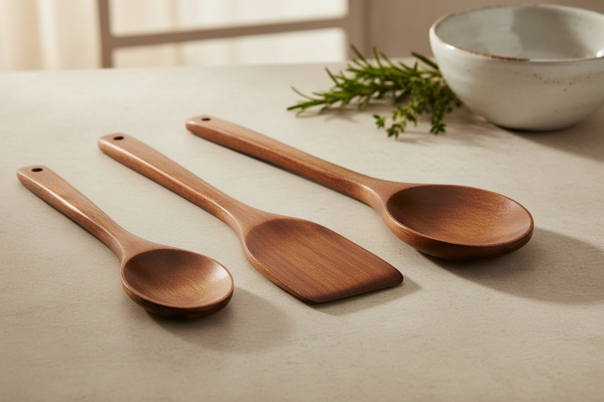 Small, medium, and large dark brown bamboo kitchen utensils with a solid unslotted spoon