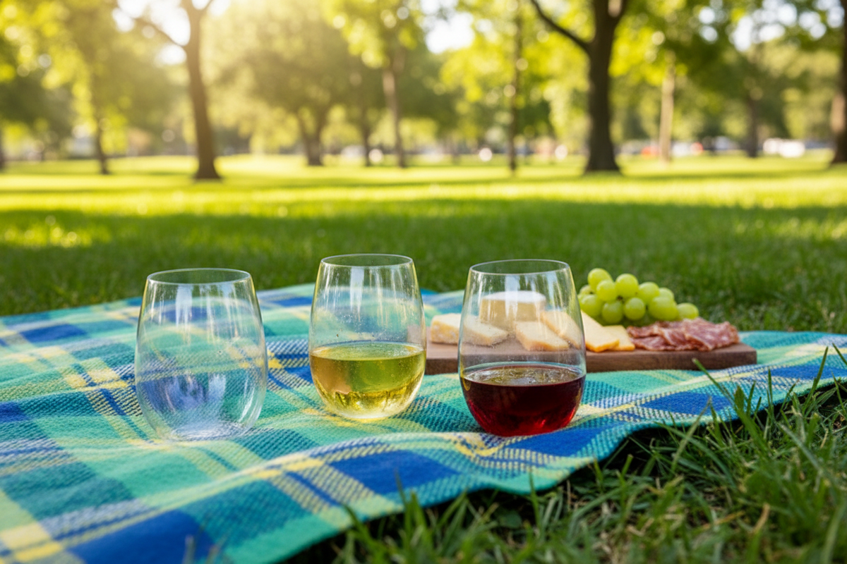 4 shatterproof stemless wine glasses at a sunny picnic