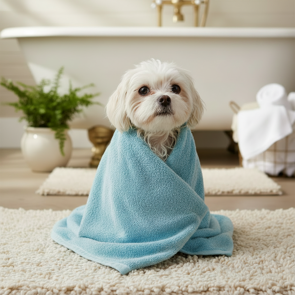 Medium sized dog wrapped in a large soft microfiber quick-drying towel after a bath, sitting on a clean bathroom mat in a cozy spa-like setting