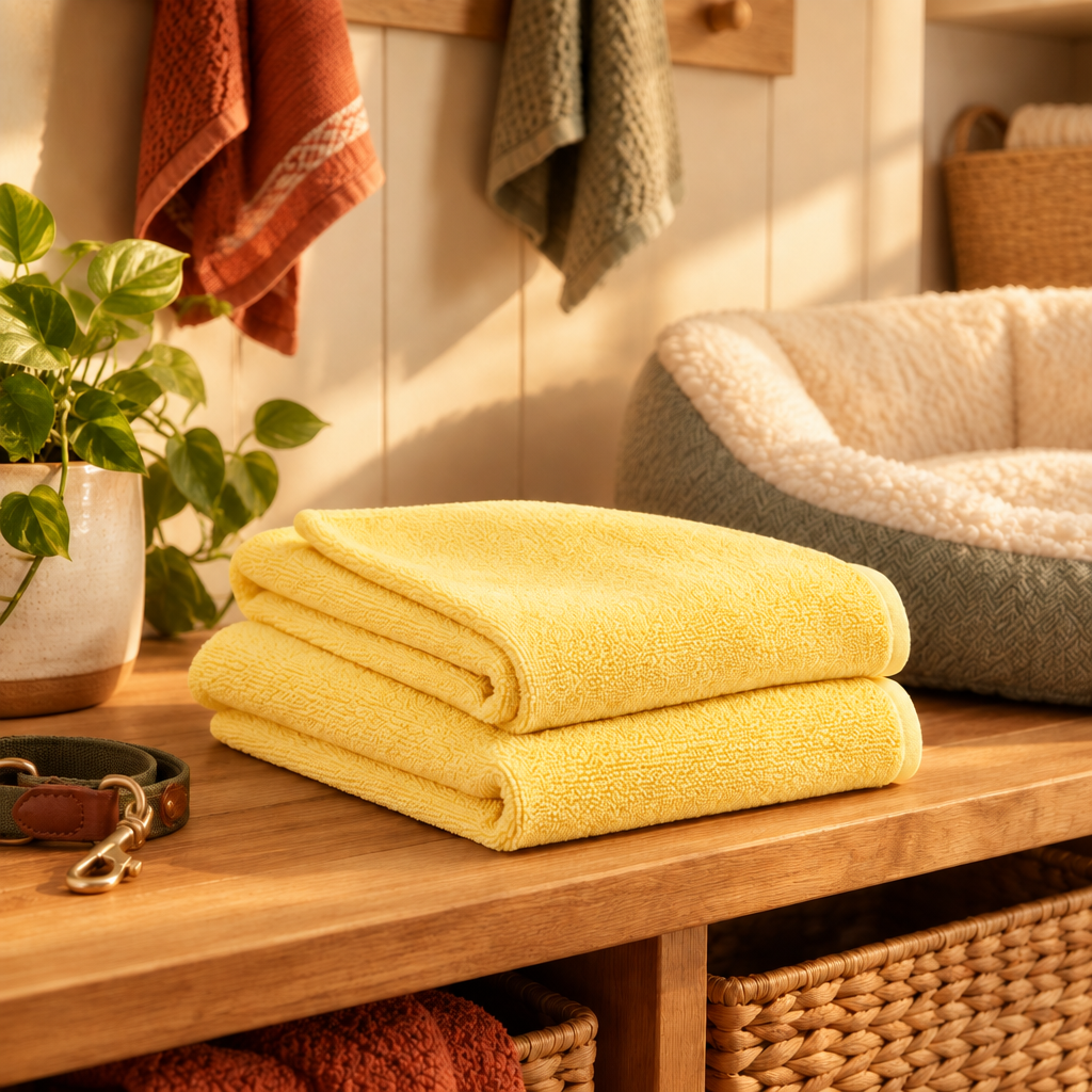 Remade yellow pet towels in a warm pet-care setting