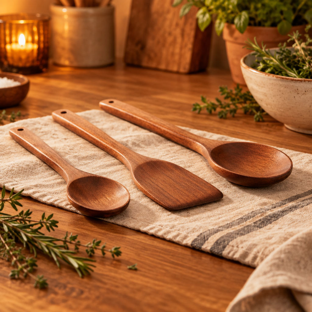 Wooden kitchen utensils warm draft